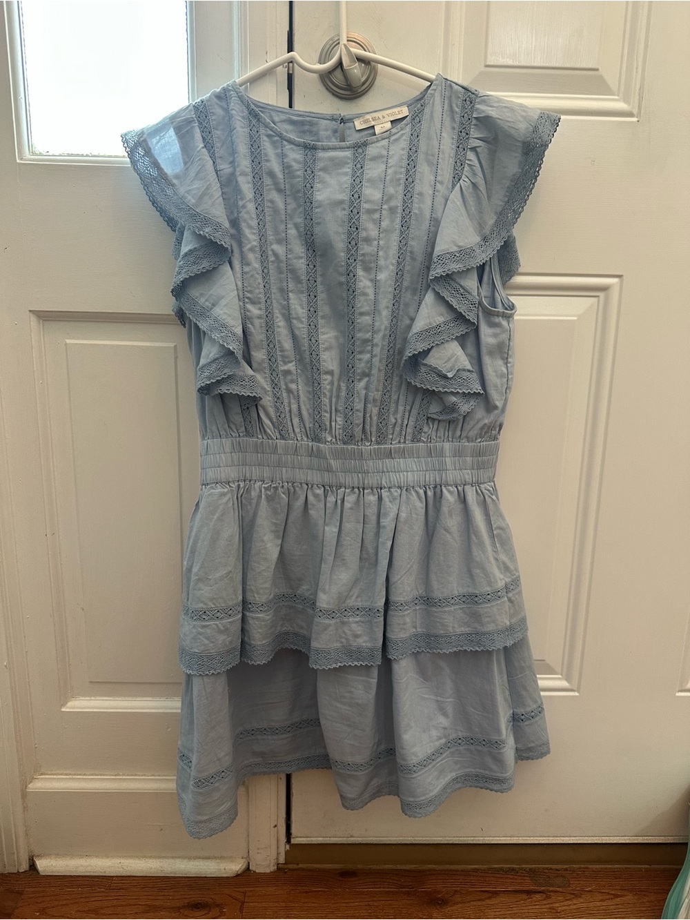 Chelsea & Violet blue dress with ruffles and lace details women’s size medium